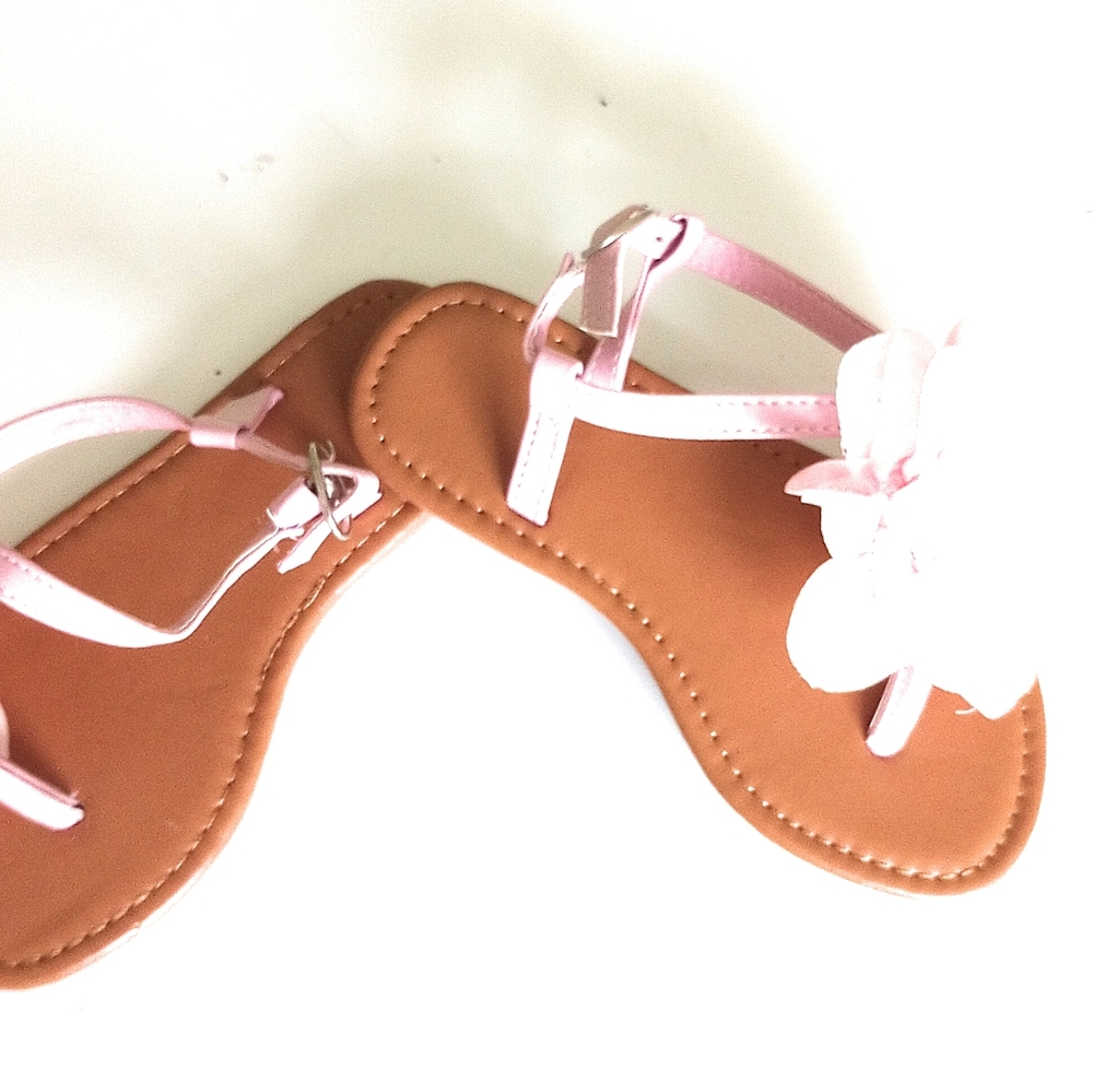 Girls Midwood Pink Flower Ankle Strap Thong Toe Sandals Size 10 Pink/Tan